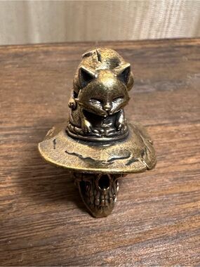 Cat on Skull with Hat Mini Brass Figurine